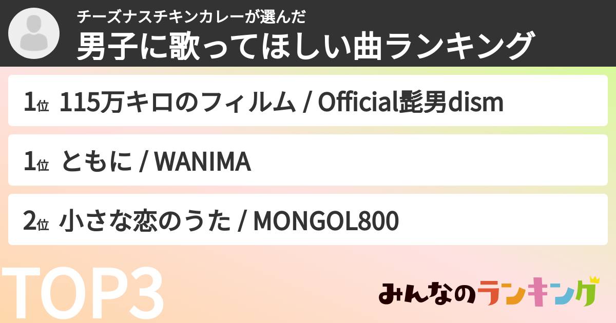 チーズナスチキンカレーさんの「男子に歌ってほしい曲ランキング」