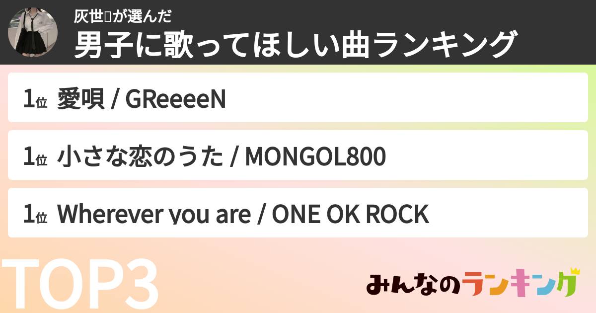 灰世❕さんの「男子に歌ってほしい曲ランキング」