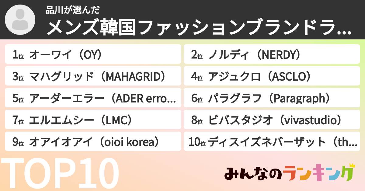 品川さんの「メンズ韓国ファッションブランドランキング」