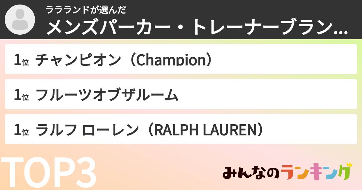 ララランドさんの「メンズパーカー・トレーナーブランドランキング」