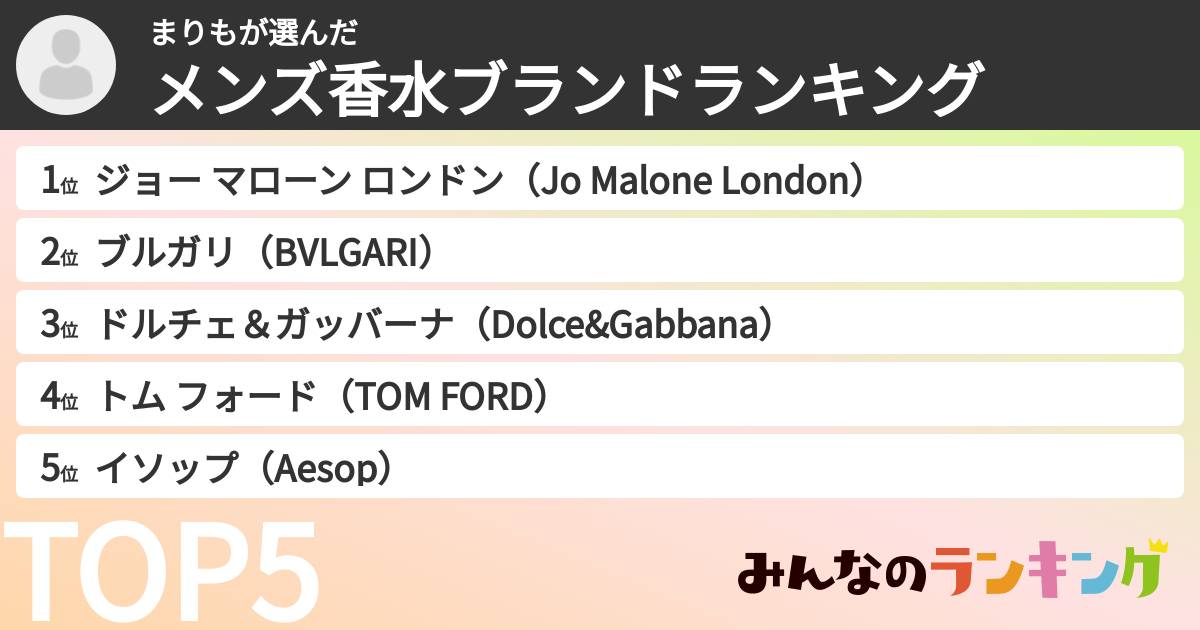 まりもさんの「メンズ香水ブランドランキング」
