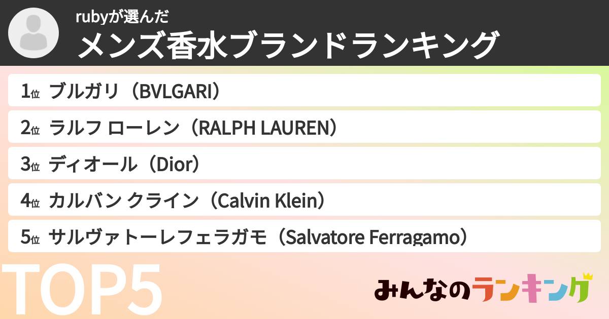 rubyさんの「メンズ香水ブランドランキング」