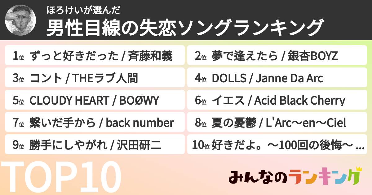 ほろけいさんの「男性目線の失恋ソングランキング」