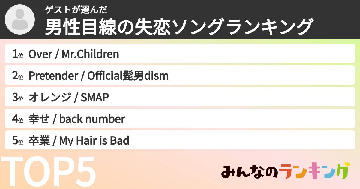 ゲストさんの「男性目線の失恋ソングランキング」