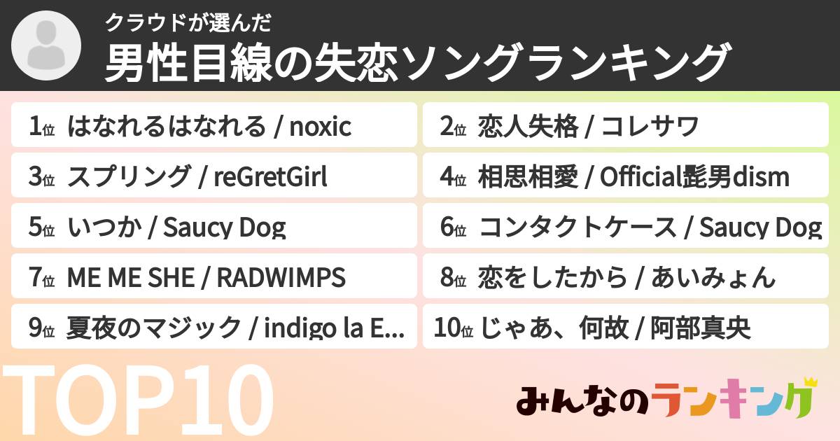 クラウドさんの「男性目線の失恋ソングランキング」