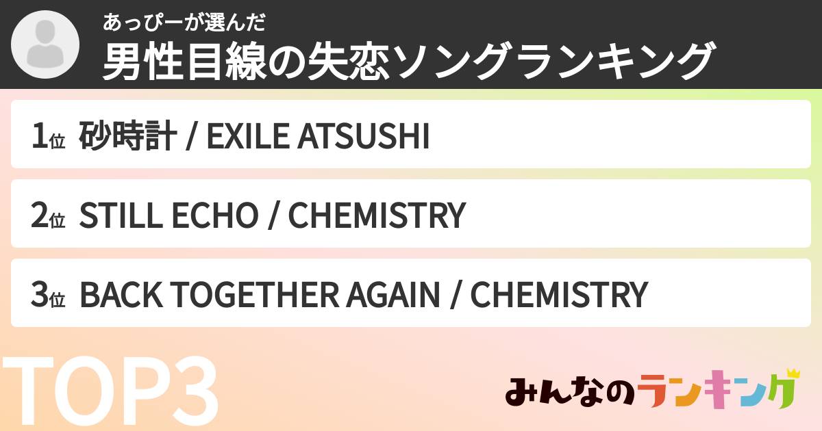 あっぴーさんの「男性目線の失恋ソングランキング」