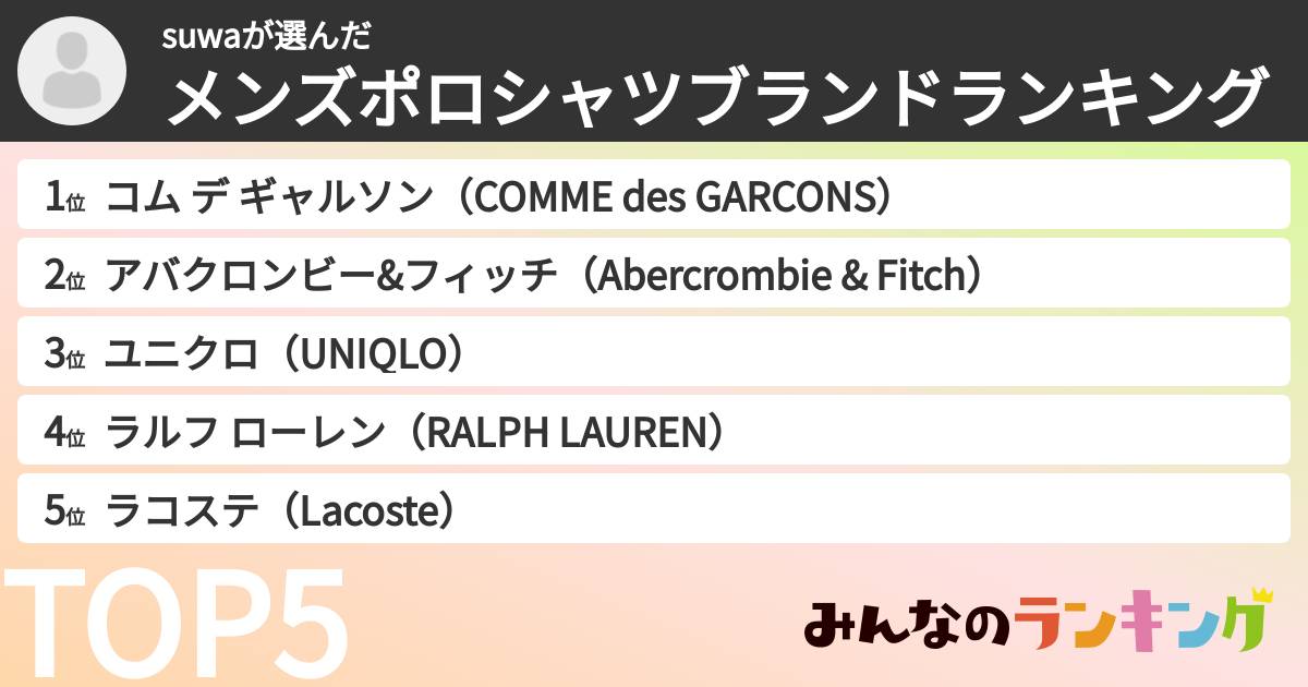 suwaさんの「メンズポロシャツブランドランキング」