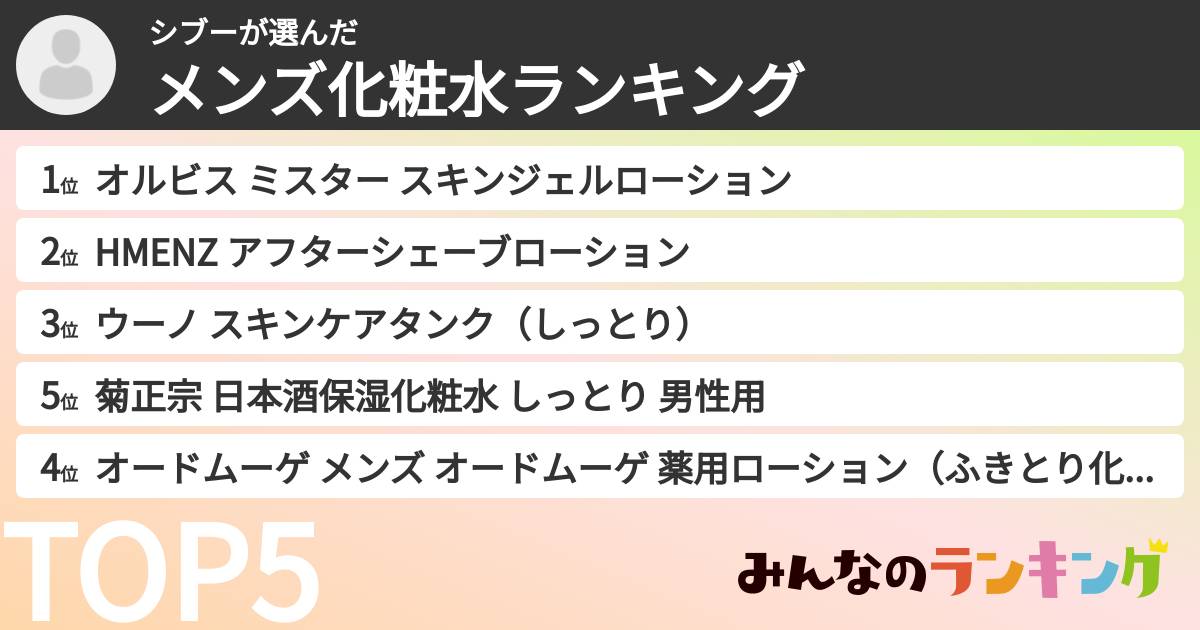 シブーさんの「メンズ化粧水ランキング」