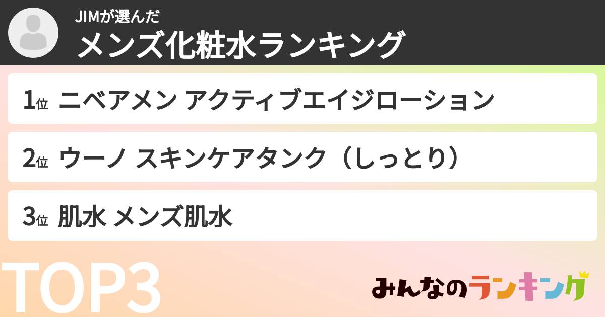JIMさんの「メンズ化粧水ランキング」