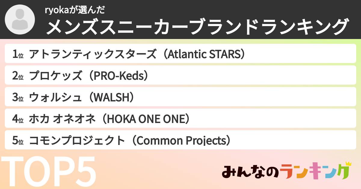 ryokaさんの「メンズスニーカーブランドランキング」