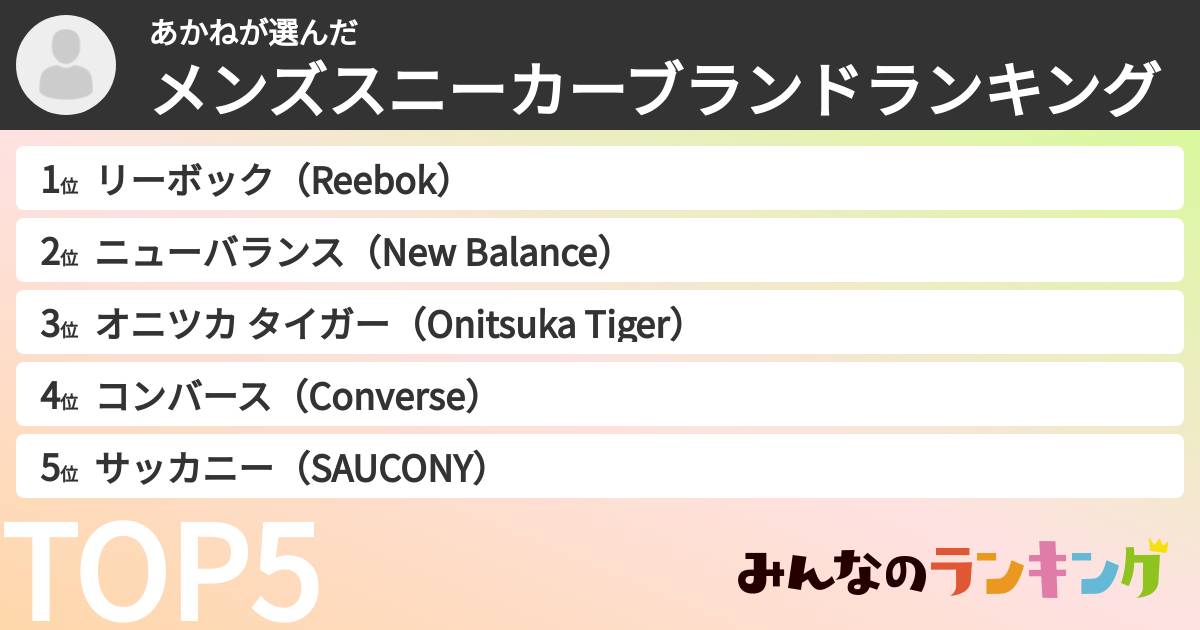 あかねさんの「メンズスニーカーブランドランキング」