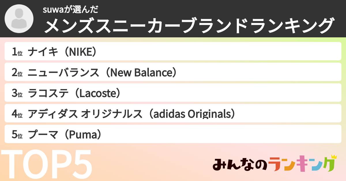 suwaさんの「メンズスニーカーブランドランキング」