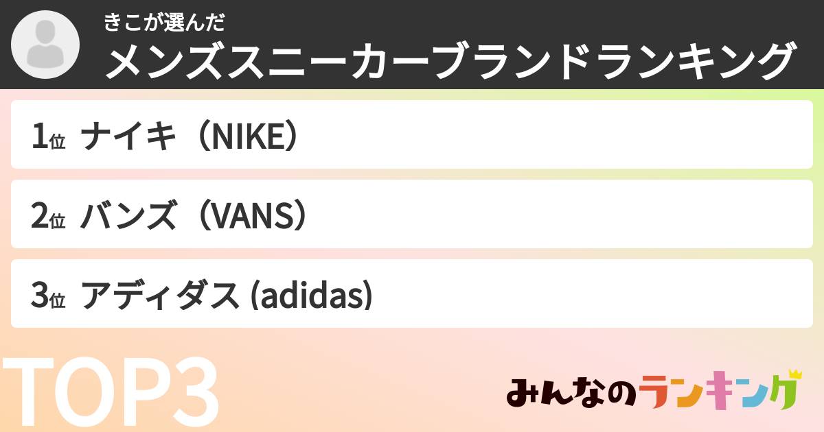 きこさんの「メンズスニーカーブランドランキング」