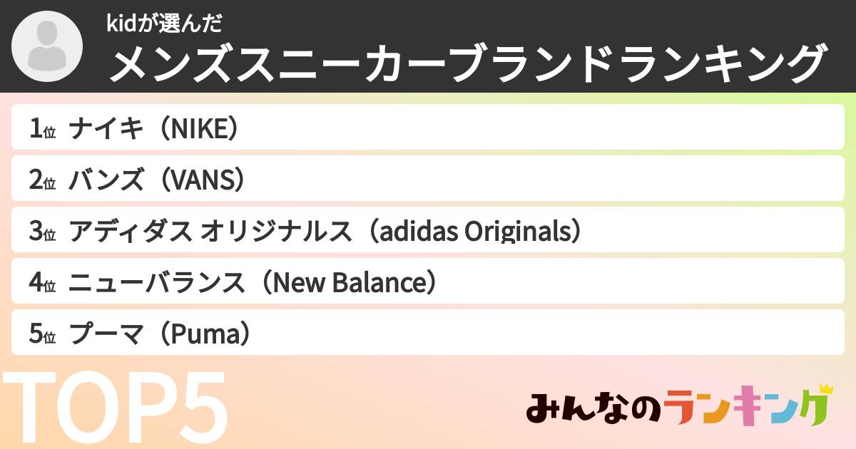 kidさんの「メンズスニーカーブランドランキング」