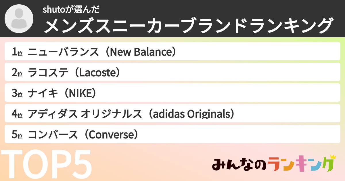 shutoさんの「メンズスニーカーブランドランキング」