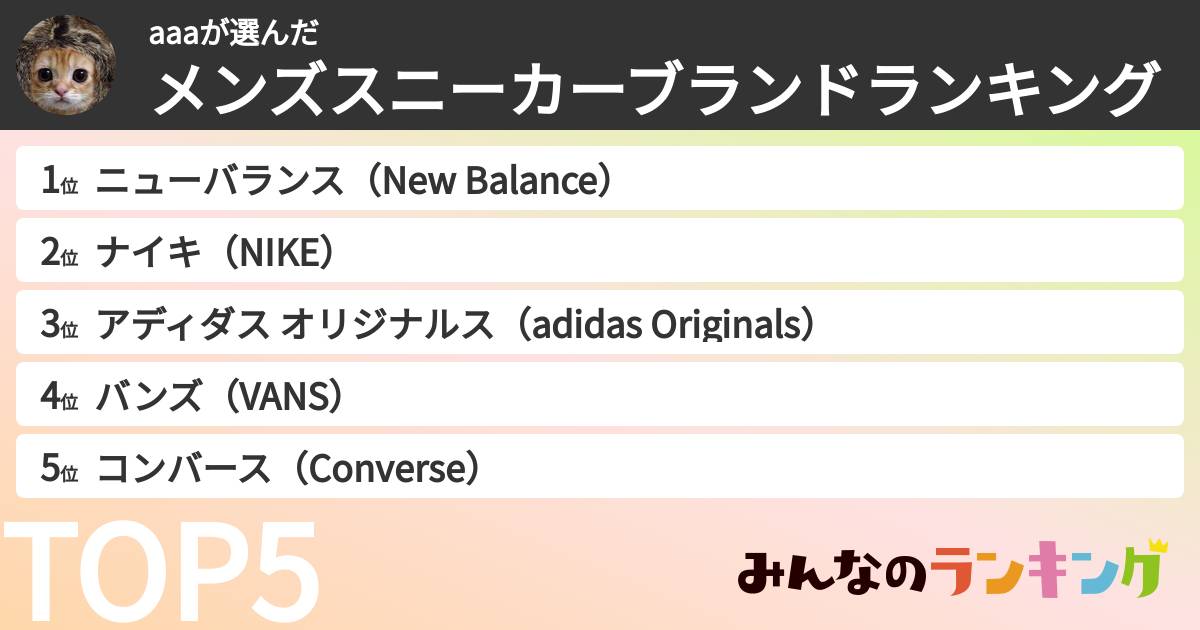 aaaさんの「メンズスニーカーブランドランキング」