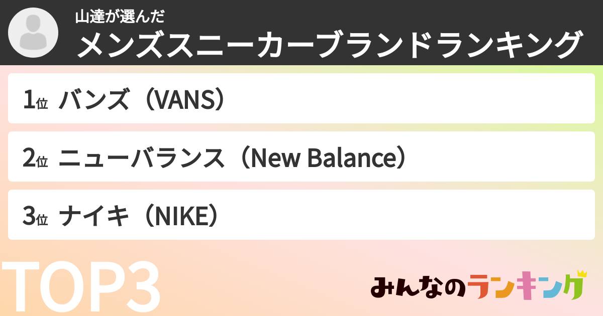 山達さんの「メンズスニーカーブランドランキング」