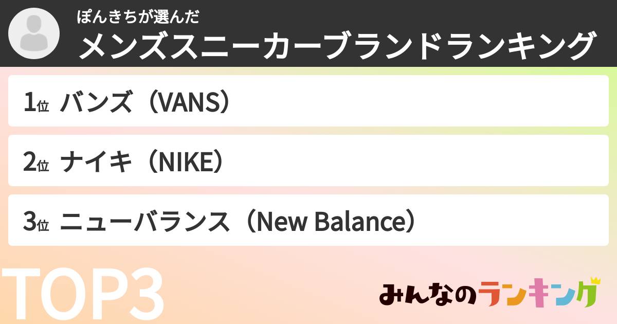 ぽんきちさんの「メンズスニーカーブランドランキング」