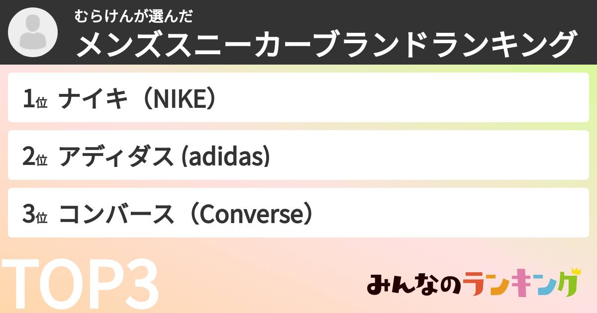 むらけんさんの「メンズスニーカーブランドランキング」