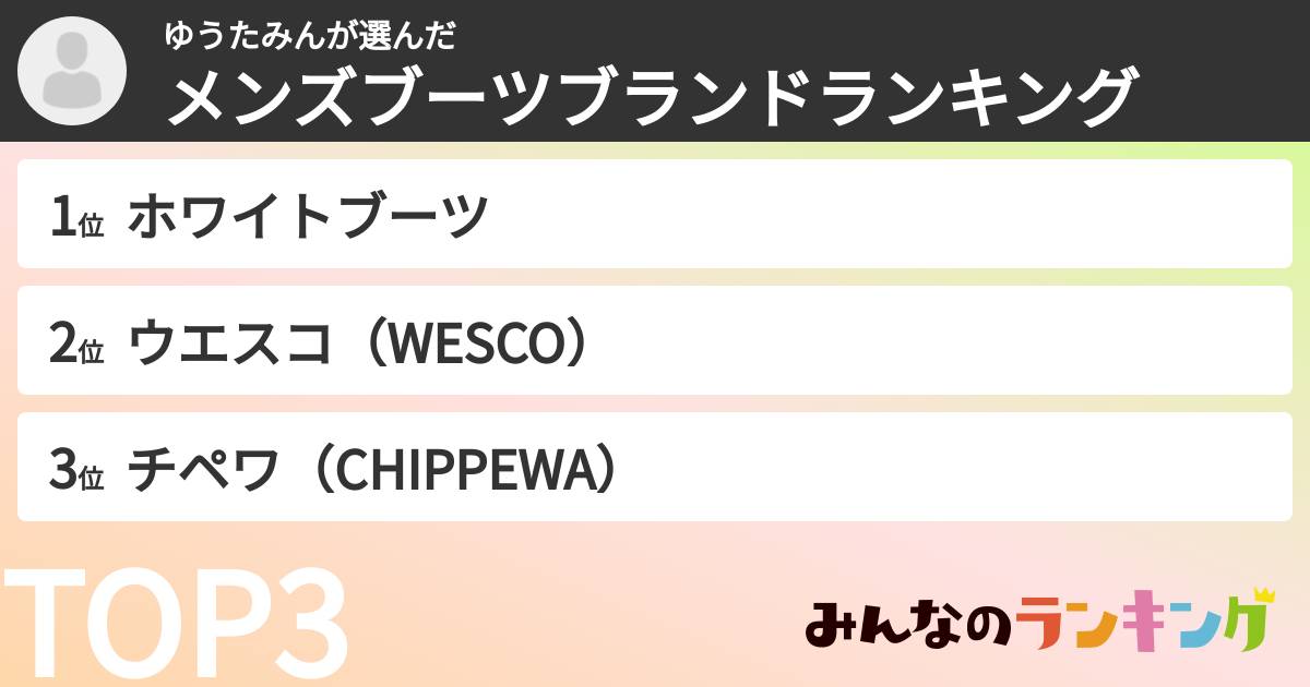 ゆうたみんさんの「メンズブーツブランドランキング」