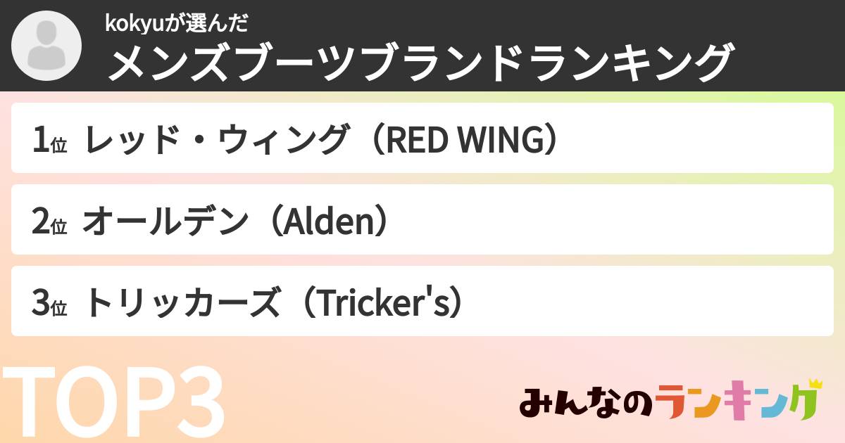 kokyuさんの「メンズブーツブランドランキング」