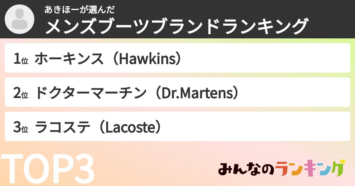 あきほーさんの「メンズブーツブランドランキング」