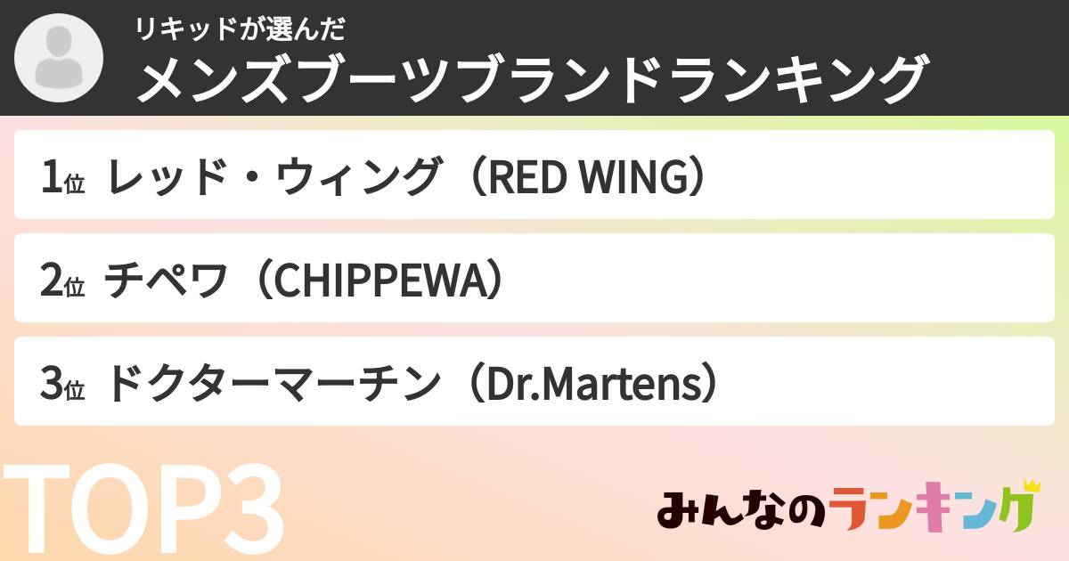 リキッドさんの「メンズブーツブランドランキング」