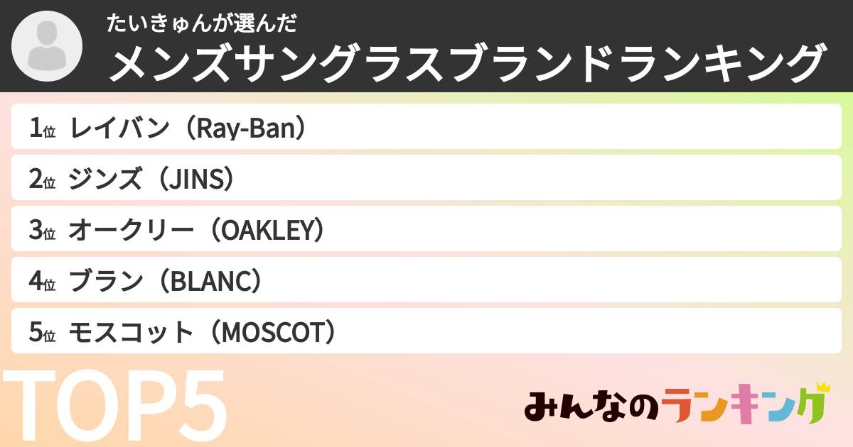 たいきゅんさんの「メンズサングラスブランドランキング」