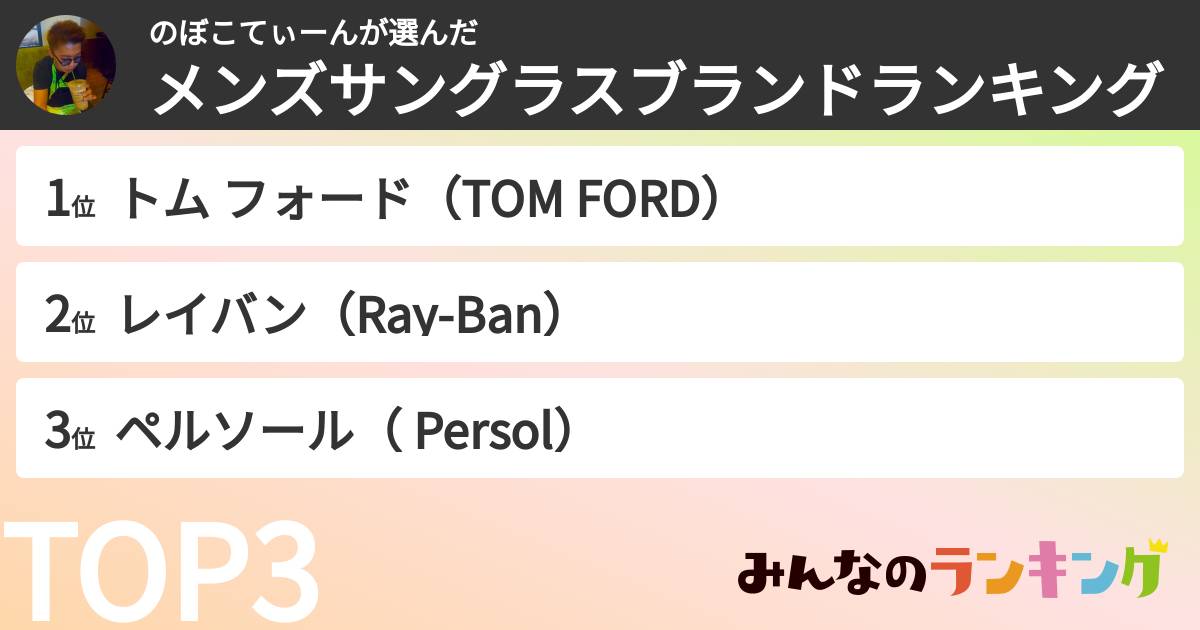 のぼこてぃーんさんの「メンズサングラスブランドランキング」