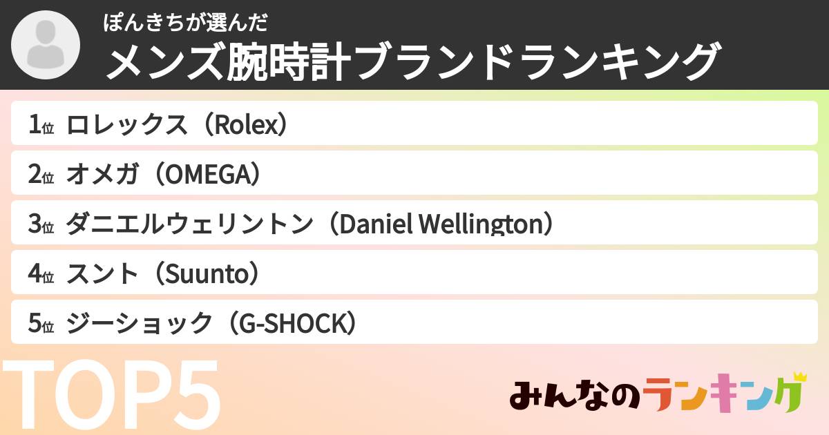 ぽんきちさんの「メンズ腕時計ブランドランキング」