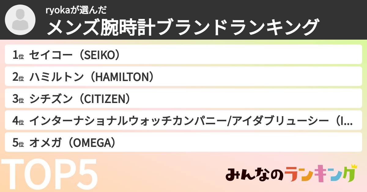 ryokaさんの「メンズ腕時計ブランドランキング」