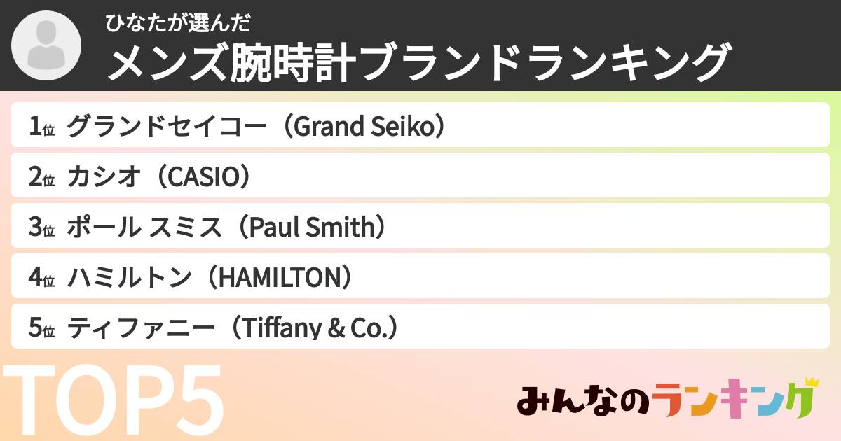 ひなたさんの「メンズ腕時計ブランドランキング」