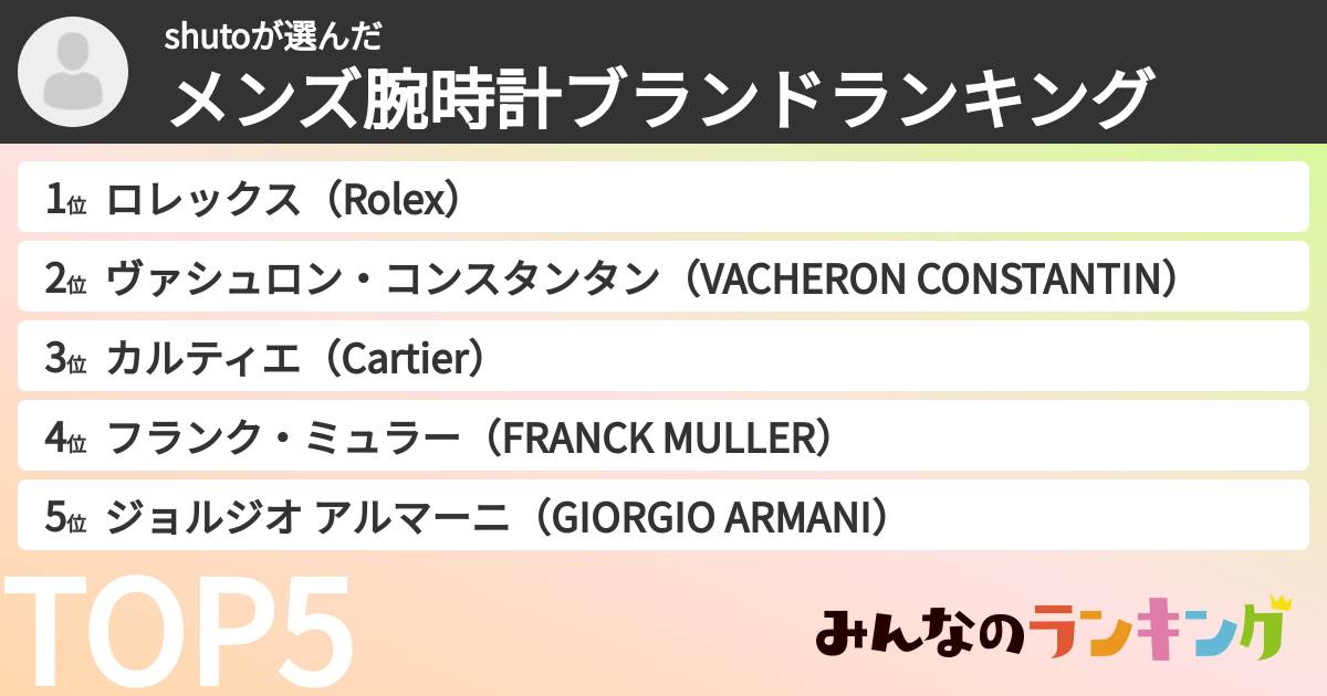 shutoさんの「メンズ腕時計ブランドランキング」
