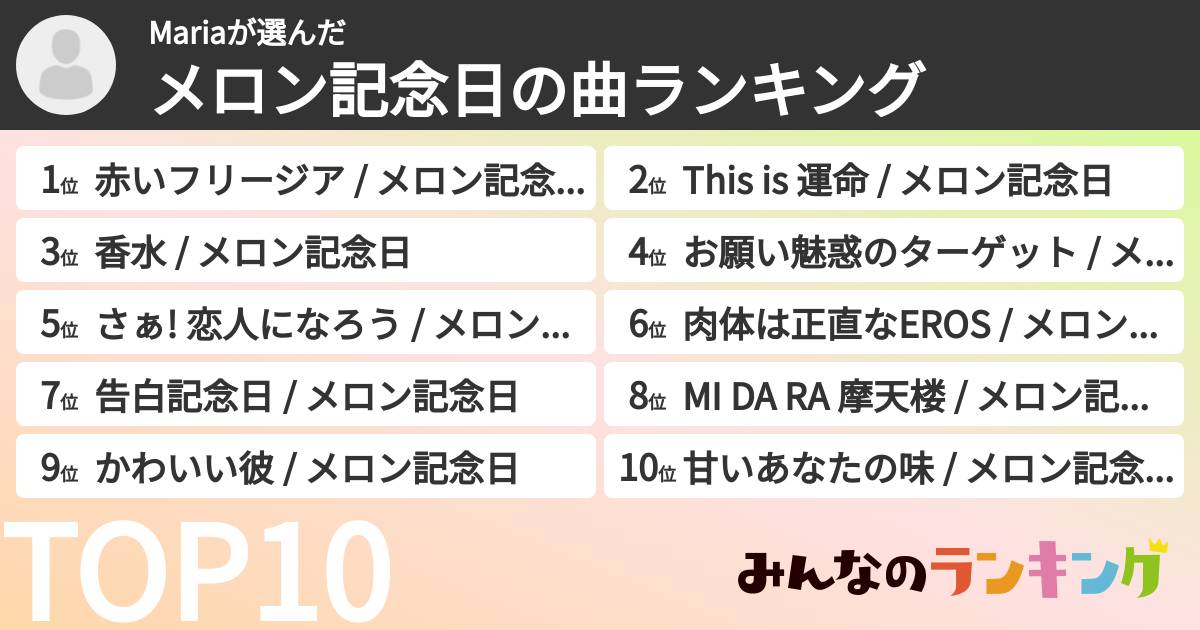 Mariaさんの「メロン記念日の曲ランキング」