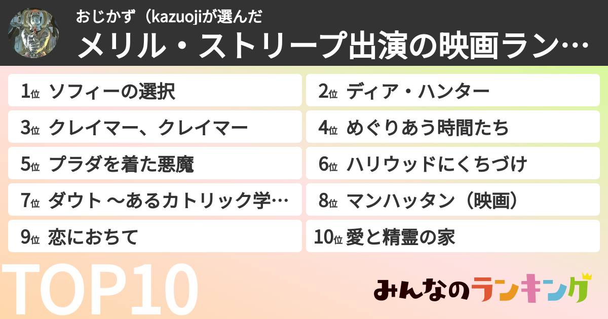 おじかず(kazuojiさんの「メリル・ストリープ出演の映画ランキング」