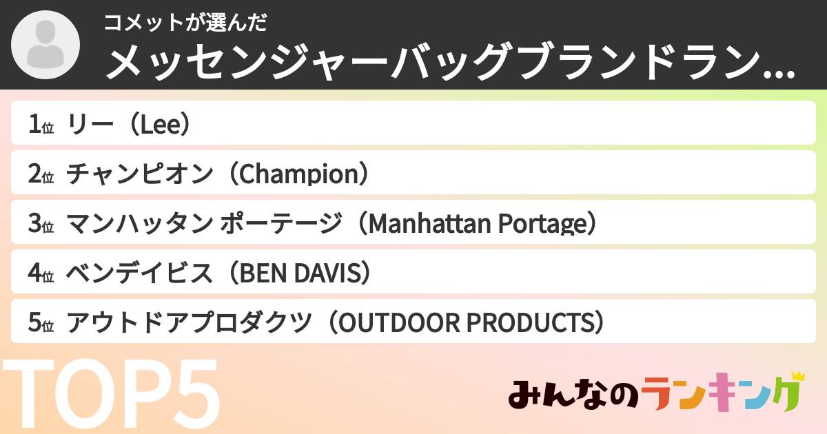 コメットさんの「メッセンジャーバッグブランドランキング」