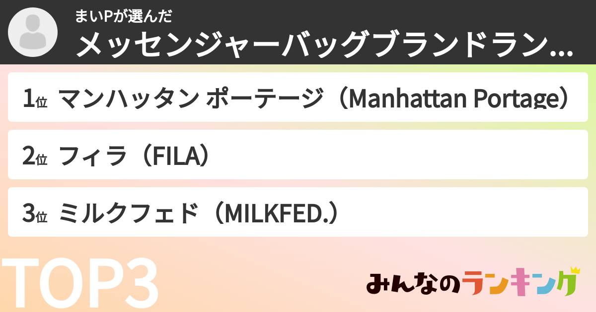 まいPさんの「メッセンジャーバッグブランドランキング」