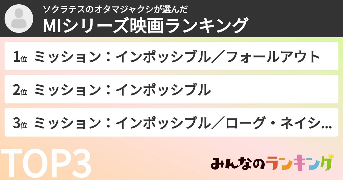 ソクラテスのオタマジャクシさんの「MIシリーズ映画ランキング」