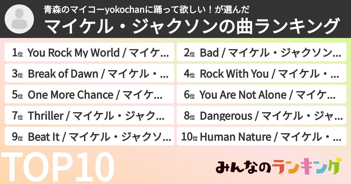 青森のマイコーyokochanに踊って欲しい!さんの「マイケル・ジャクソンの曲ランキング」
