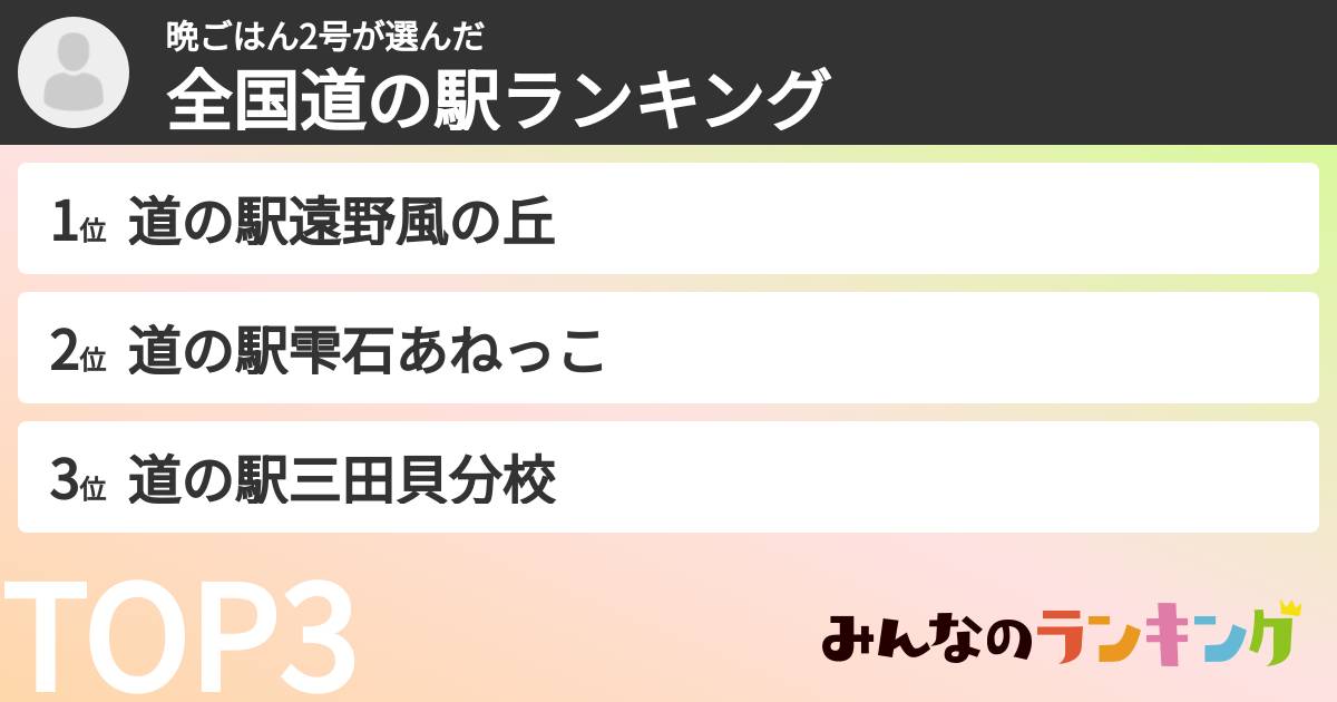 晩ごはん2号さんの「全国道の駅ランキング」