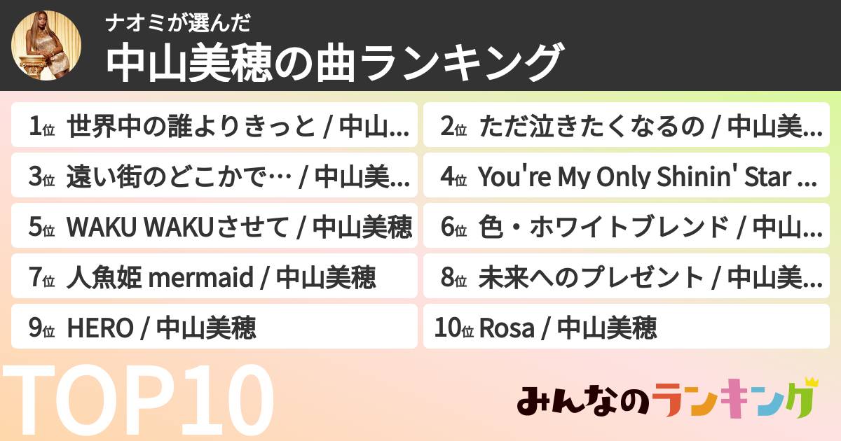 ナオミさんの「中山美穂の曲ランキング」