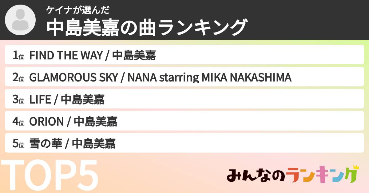 ケイナさんの「中島美嘉の曲ランキング」