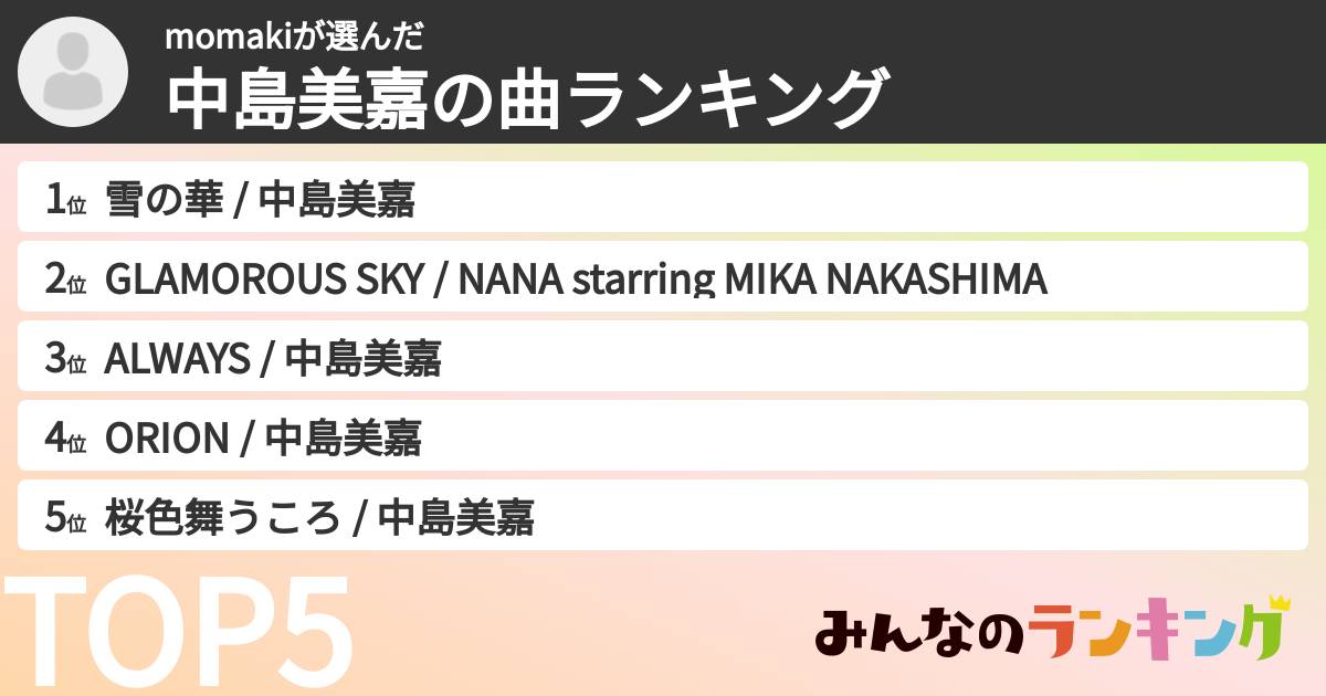 momakiさんの「中島美嘉の曲ランキング」