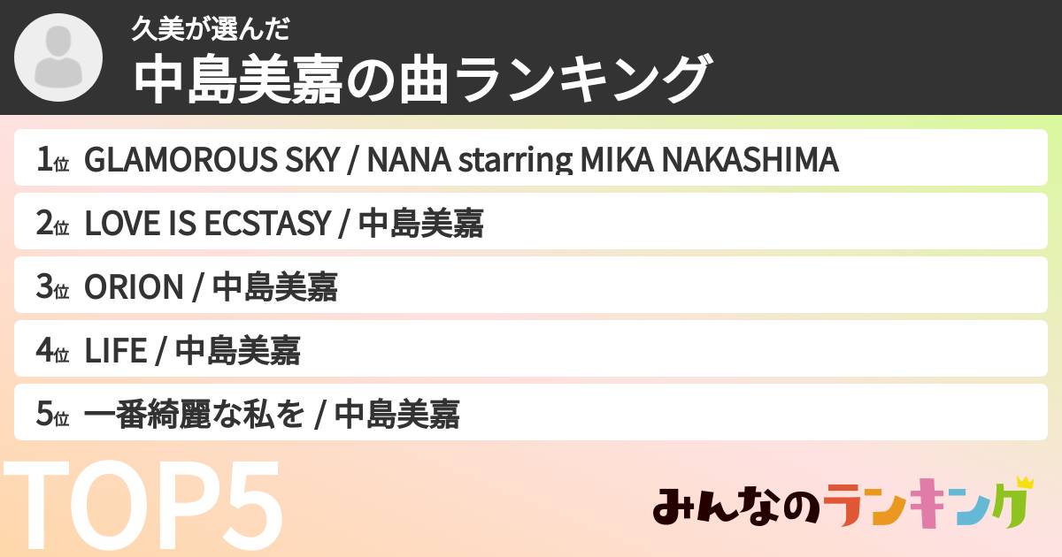 久美さんの「中島美嘉の曲ランキング」