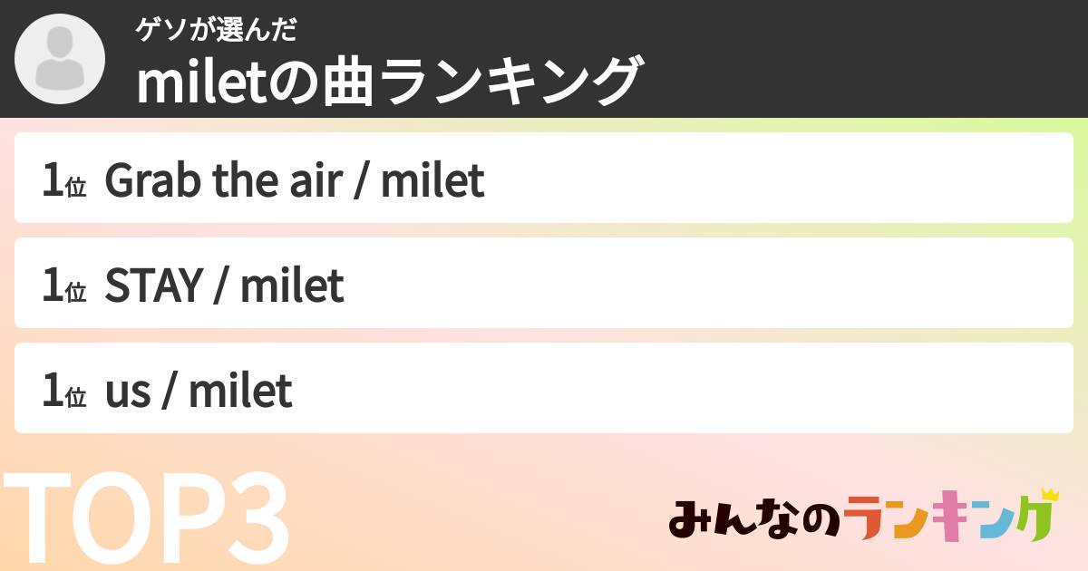 ゲソさんの「miletの曲ランキング」