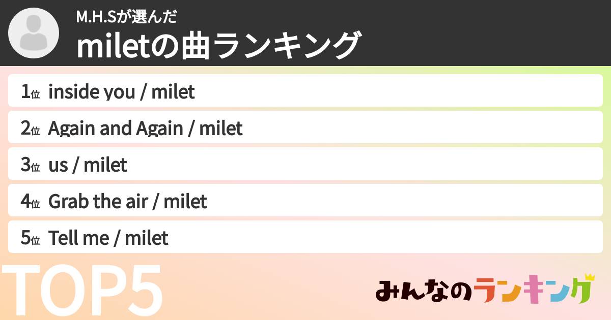 M.H.Sさんの「miletの曲ランキング」