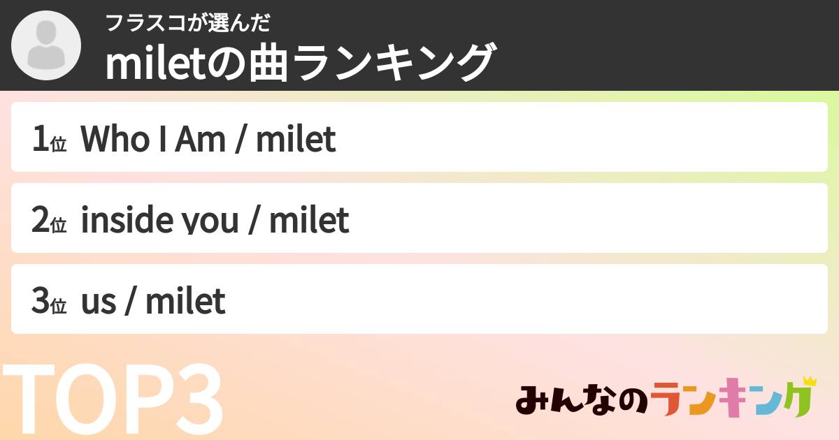 フラスコさんの「miletの曲ランキング」