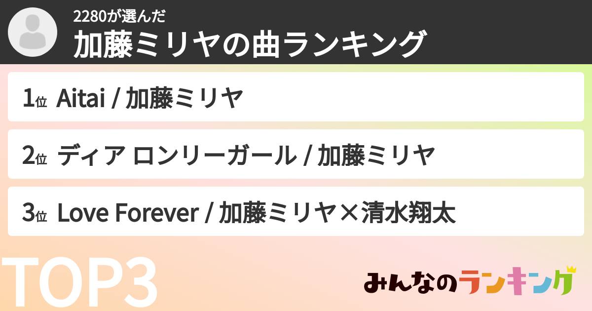 2280さんの「加藤ミリヤの曲ランキング」
