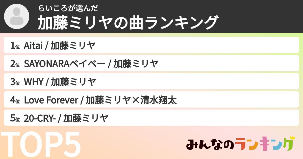 らいころさんの「加藤ミリヤの曲ランキング」