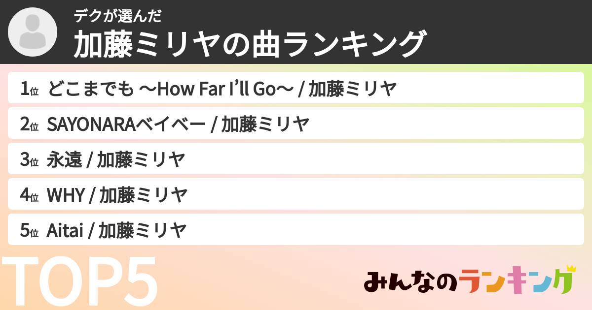 デクさんの「加藤ミリヤの曲ランキング」